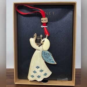 Monet Angel Harp Pendant Christmas Ornament White Enamel Blue Rhinestone New IOB